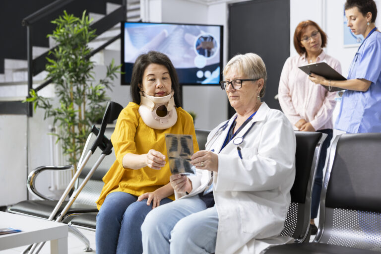 Doctor examining woman patient with neck fracture during routine appointment in modern clinic lobby. Medic offers includes recommendations for physiotherapy and appropriate painkillers.